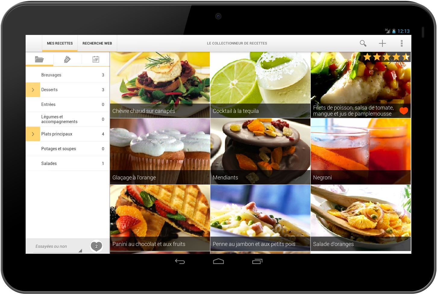 Exploration des recettes de cuisine sur tablette Android (10 pouces)