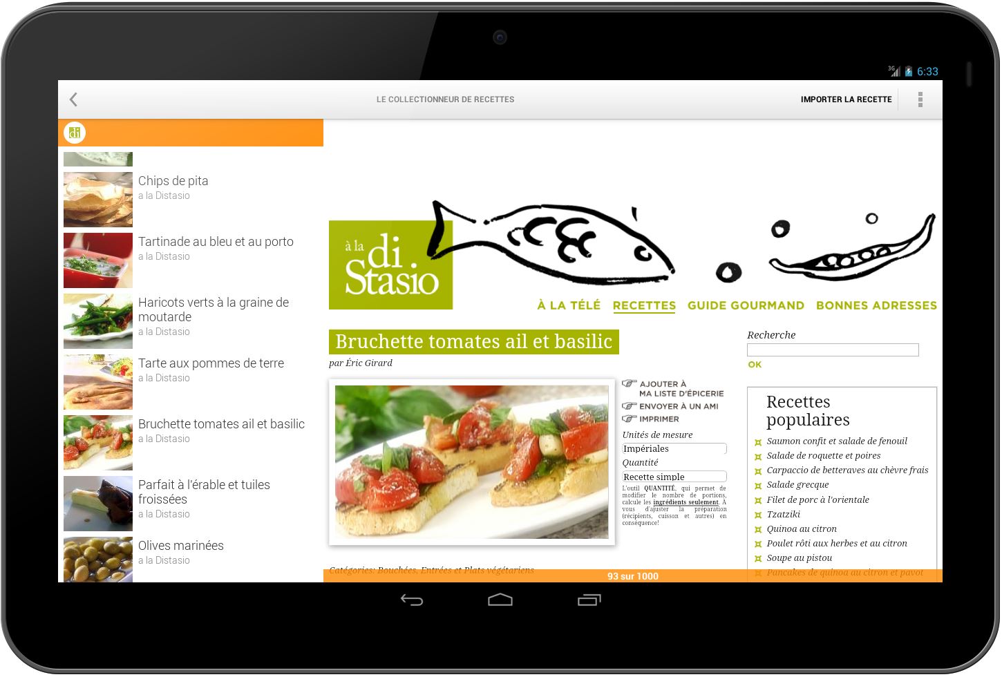 Édition d'une recette de cuisine sur tablette Android (10 pouces)