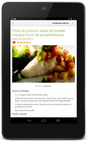 Affichage d'une recette sur tablette Android 7 pouces.