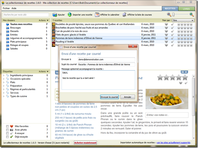 Le logiciel permet maintenant d'envoyer les recettes par courriel.